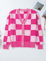 Checkered Drop Shoulder Button V Neck Cardigan