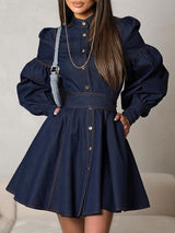 Puff Long Sleeve Mini Denim Dress