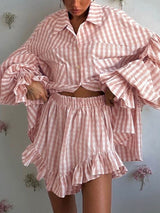 Latern Long Sleeve Plaid Shirt & Shorts Set
