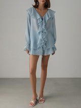 Ruffle Frill Long Sleeve Shirt & Shorts Set