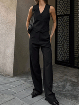 Button Front V-neck Vest & Pleated Long Pants