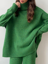 Solid Color Long Sleeve Turtleneck Sweater Set