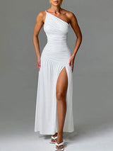 One Shoulder Split White Maxi Dress