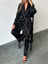 Long Sleeved Satin Jacquard Black Robe Set