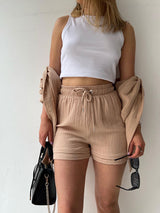 Lapel Shirt Drawstring Shorts Set