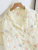 Flower Print Shirt Long Pants Pajmas Set