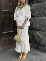 Lace-up Shirt and Maxi Skirt Two Piece Set