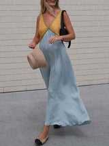 V Neck Contrast Color Maxi Dress