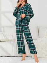 Color Contrast Plaid Long Sleeve Pajama Set