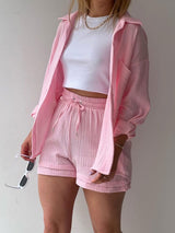 Lapel Shirt Drawstring Shorts Set
