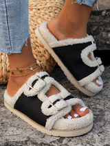 Plush Buckle Strap Slippers