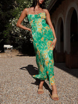 Square Neck Printed Green Maxi Dress