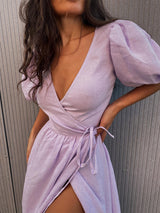 Puff Sleeve Wrap Midi Dress