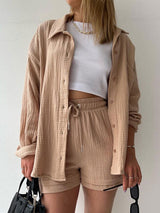 Lapel Shirt Drawstring Shorts Set