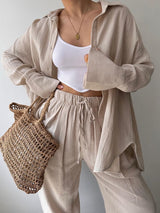 2Pcs Loose Solid Shirt Lounge Set