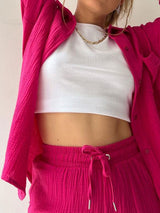 Lapel Shirt Drawstring Shorts Set