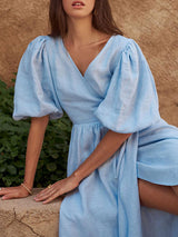 Puff Sleeve Wrap Midi Dress