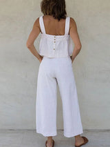 Linen Sleeveless Button Up Top & Long Pants Set