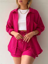 Lapel Shirt Drawstring Shorts Set