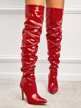 Pleated Leather Thigh High Boots