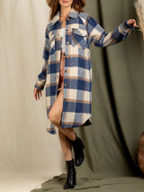 Lapel Pocket Patch Long Plaid Shirt Jacket