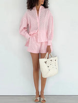 Puff Sleeve Solid Button Front Shirt & Shorts