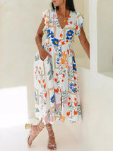 Floral Printed V Neck Cute Maxi Dress