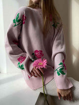 Round Neck Rose Print Sweater