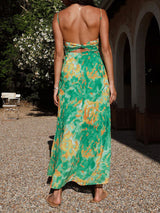 Square Neck Printed Green Maxi Dress