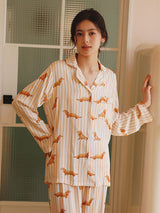 Dachshund Print Long Sleeve Striped Pajamas
