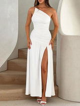 One Shoulder Split White Maxi Dress