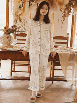 Flower Print Lapel Long Sleeve Pajama Set