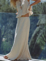 Linen Ruffles Lace Up Top & Long Skirt Set