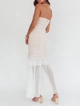 Strapless Pleated Mesh Midi Dress