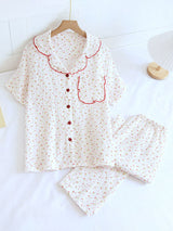 Small Red Floral Ruffled Collar Pajama Set