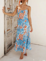 Square Neck Printed Blue Maxi Dress