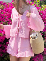 Lace-up Long Sleeve Shirt & Shorts Set