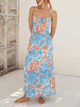 Square Neck Printed Blue Maxi Dress