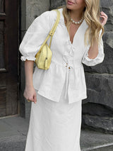 Lace-up Shirt and Maxi Skirt Two Piece Set