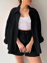 Lapel Shirt Drawstring Shorts Set