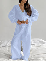 Long Sleeve Buttons Cotton Lounge Set