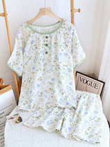 Short Sleeve Button Decor Floral Print Pajamas Set