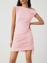 Sleeveless Pleated Oblique Shoulder Mini Dress