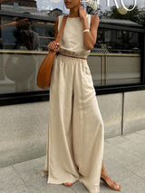 Linen Sleeveless Top With Split Pants Set