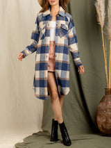 Lapel Pocket Patch Long Plaid Shirt Jacket