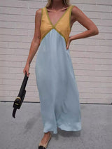 V Neck Contrast Color Maxi Dress