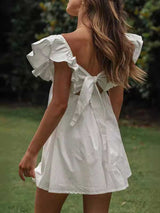 Ruffle Short Sleeve White Midi Dress