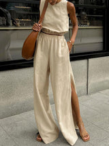 Linen Sleeveless Top With Split Pants Set