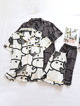 Cartoon Cow Print Button Up Pajama Set