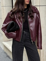 Wine Red Zipper Faux Leather Jacket